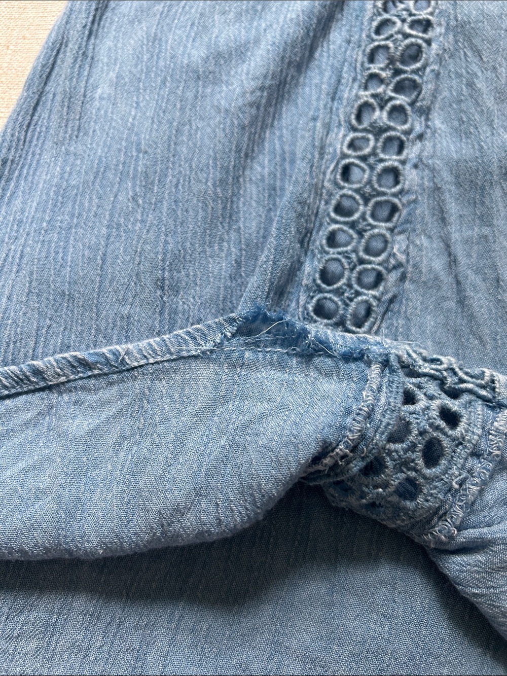 Boho Y2K Light Blue Lace-Trim Women's Peasant Top Eyelet Detail Cottagecore - Picture 9 of 12